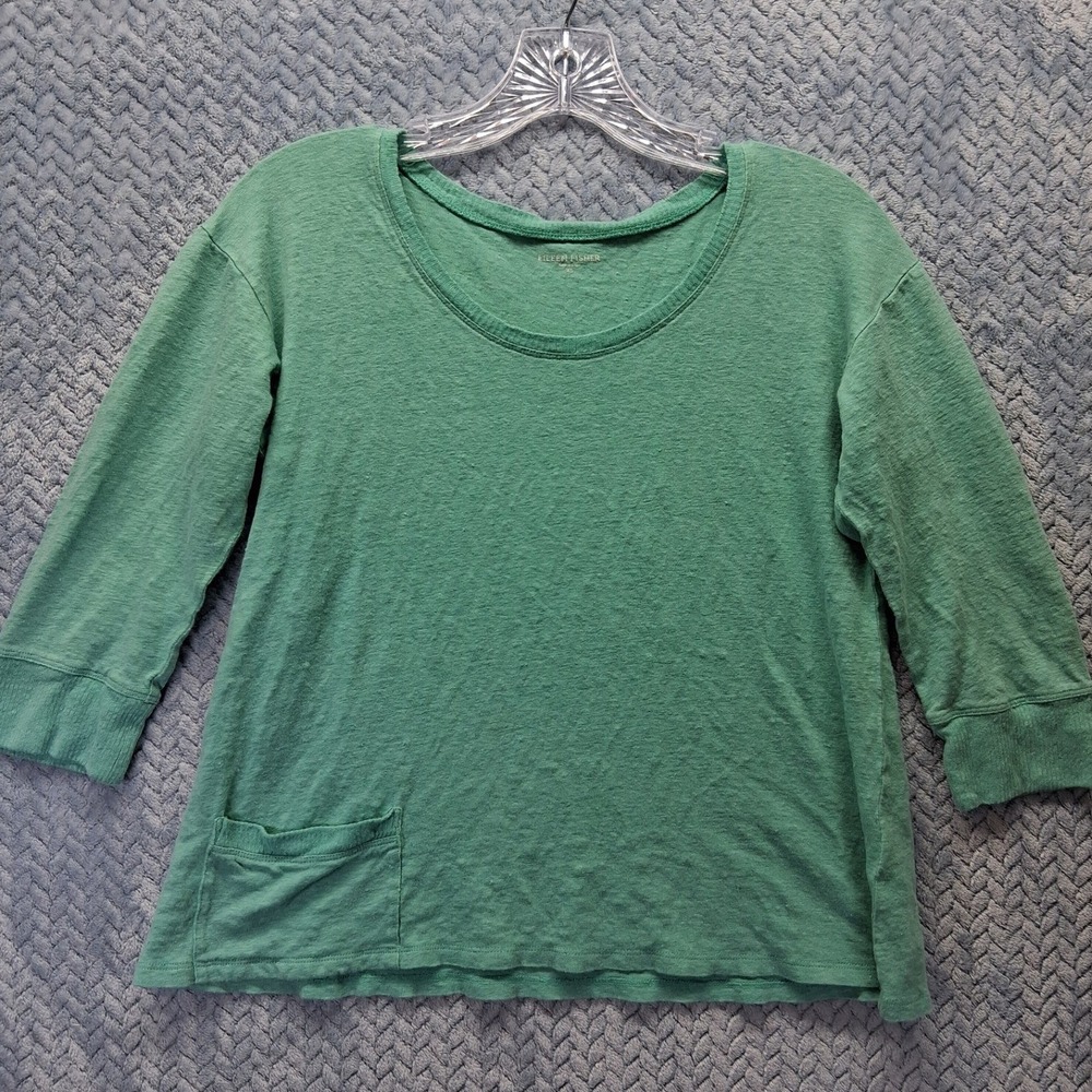 Eileen Fisher Green 100% Linen Knit Scoop Neck 3/4 Sleeve Pocket Top XS